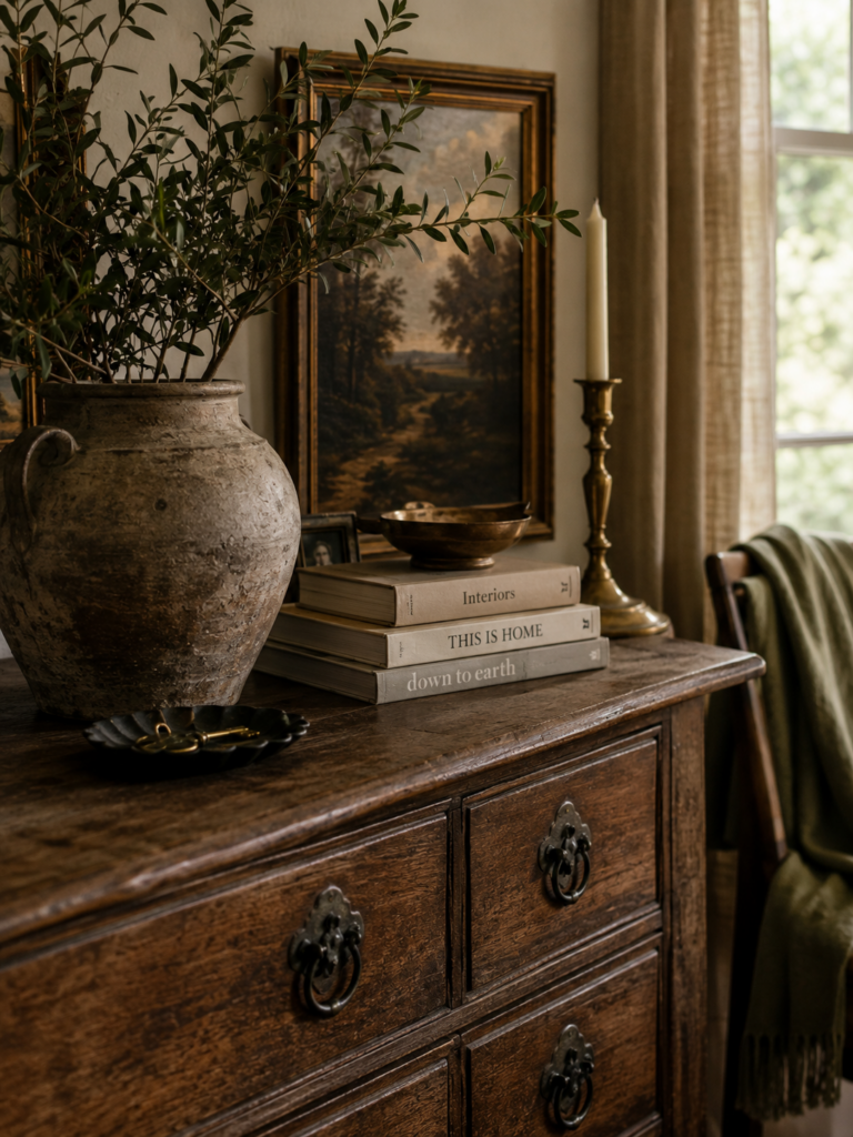 A collected wooden chest styled with greenery, vintage artwork, books and antique brass.