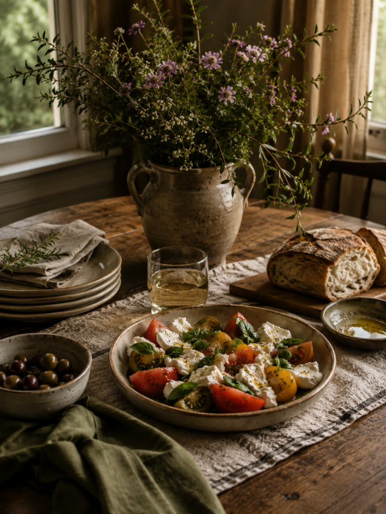 A rustic table set with tomatoes, cheese, fresh herbs, bread and garden flowers.