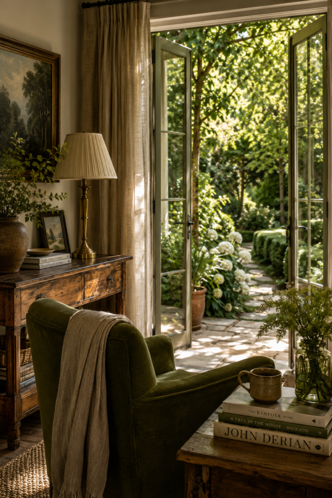 A warm, collected room with an olive green chair opening onto a lush garden.
