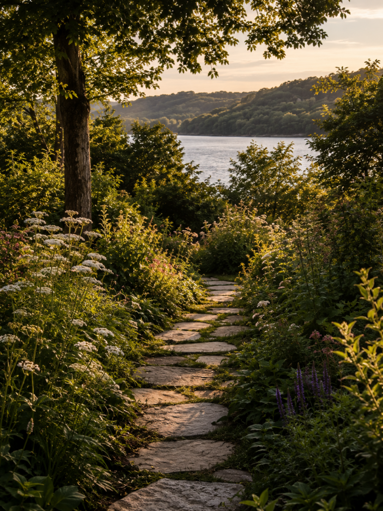 A stone garden path winding through wildflowers and greenery toward a peaceful lake.