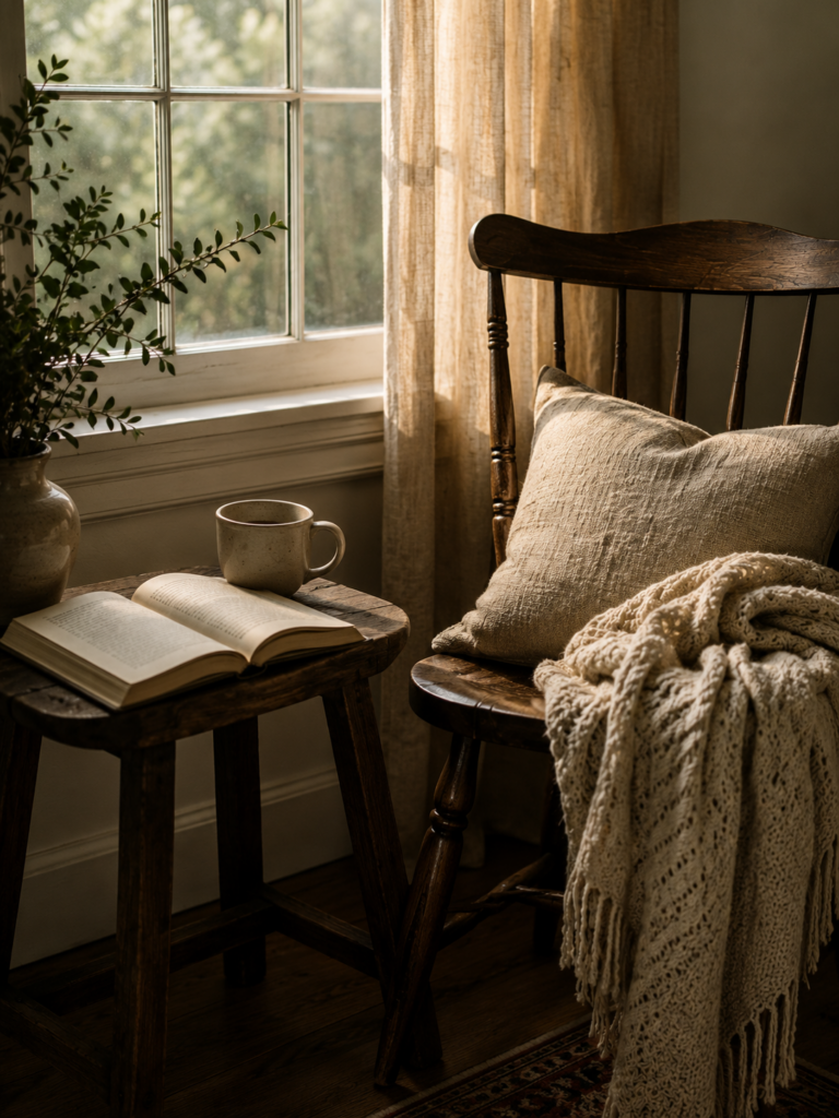 A quiet wooden chair beside a sunlit window with an open book, warm drink and soft knit throw.