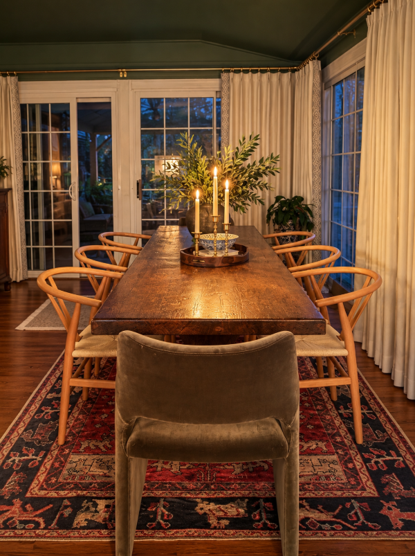 Collected home vignette with an antique wood chest, landscape paintings, pottery, books and brass accents.