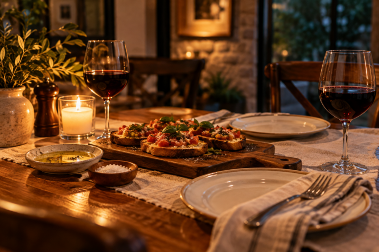 Warm dinner table set for two with bruschetta, red wine and candlelight.