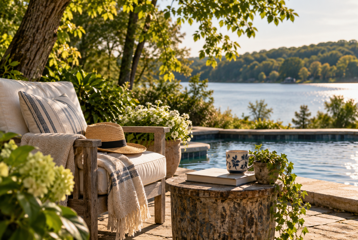 Quiet outdoor chair beside a pool and lake surrounded by trees in warm afternoon light.