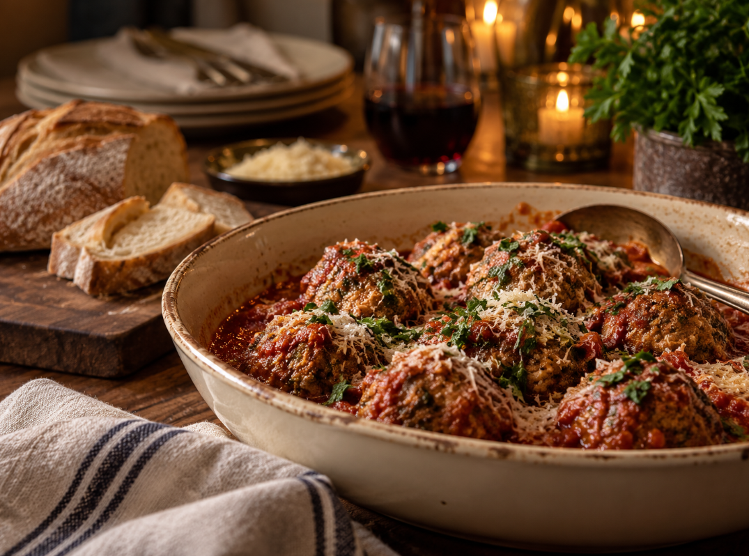 Homemade Italian meatballs in tomato sauce with Parmesan, bread and a warmly set dinner table.