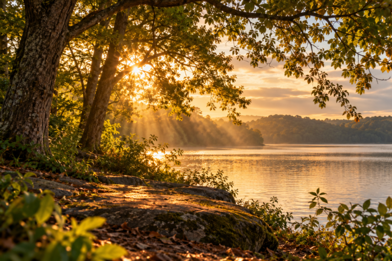 Golden sunlight filtering through trees beside a quiet lake.