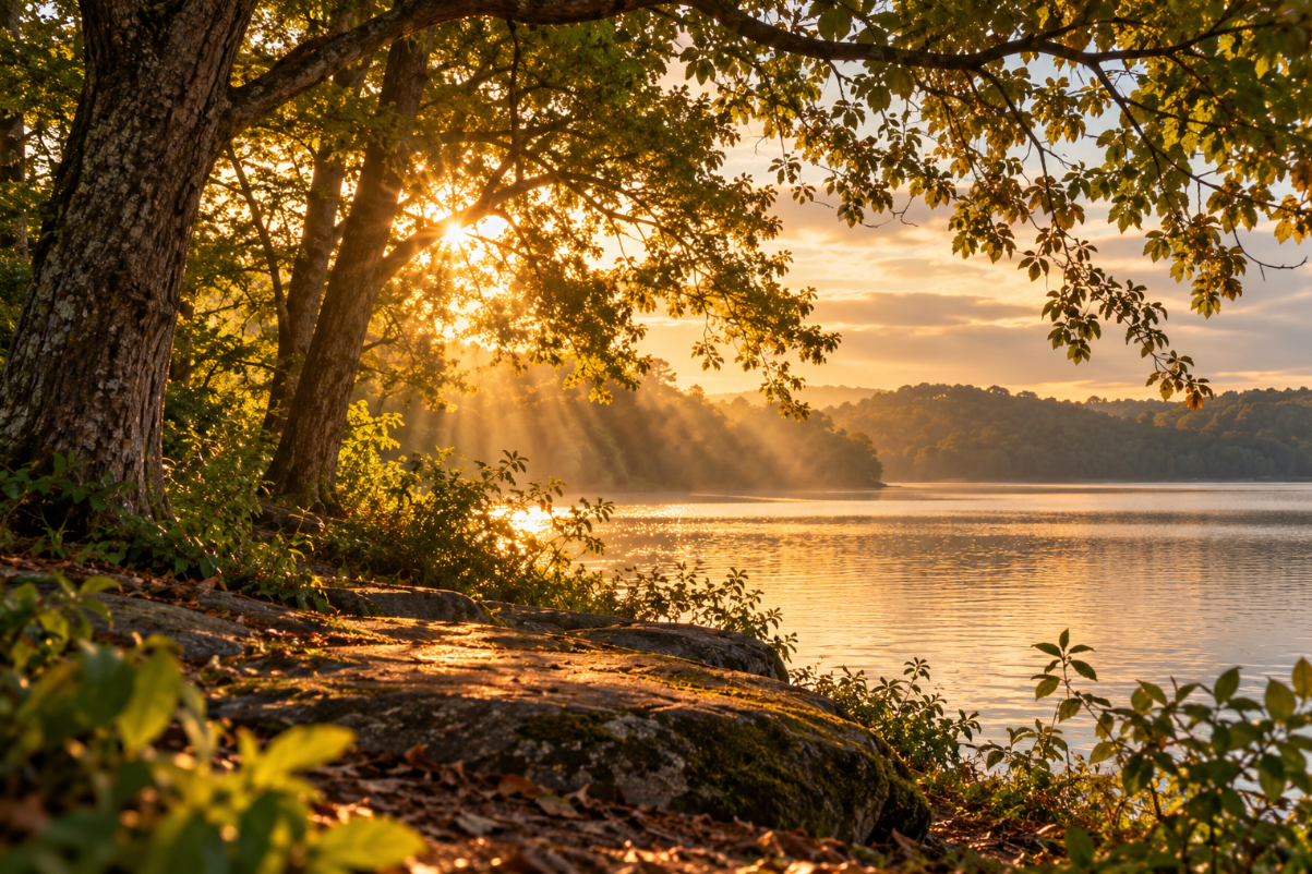 Golden sunlight filtering through trees beside a quiet lake.