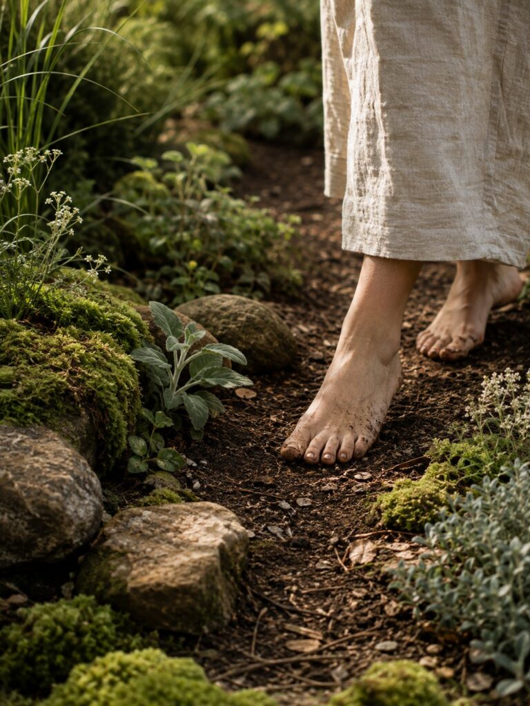 Bare feet walking on a garden path surrounded by soil, moss, stones and greenery.