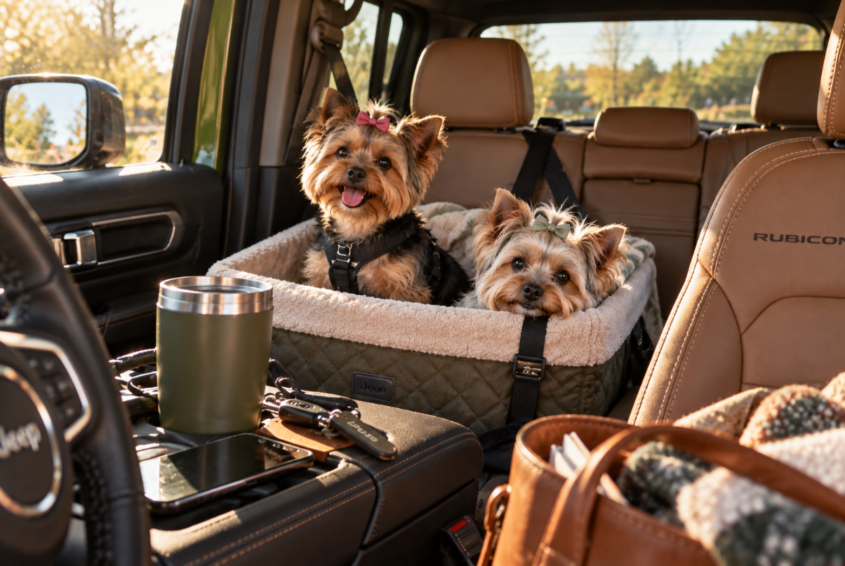 Two small Yorkies with bows riding in an army green Jeep with tan leather interior.