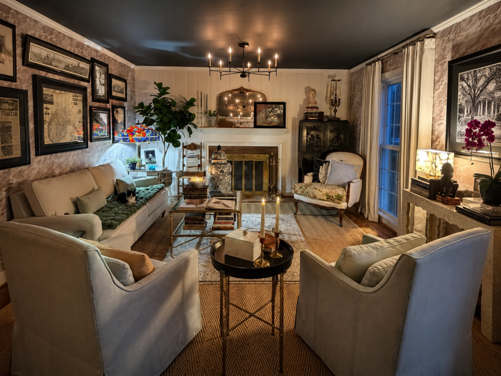 Warm, collected living room with layered artwork, books, plants and a cat resting on the sofa