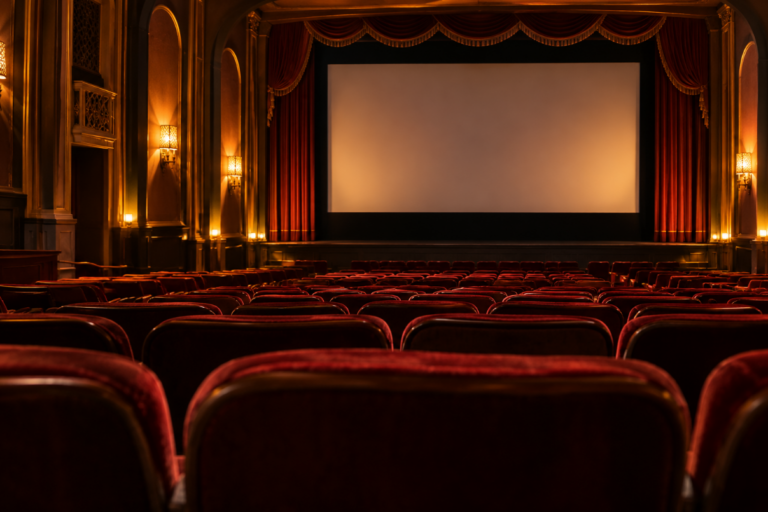Warmly lit empty movie theater with rows of red velvet seats facing a blank screen.