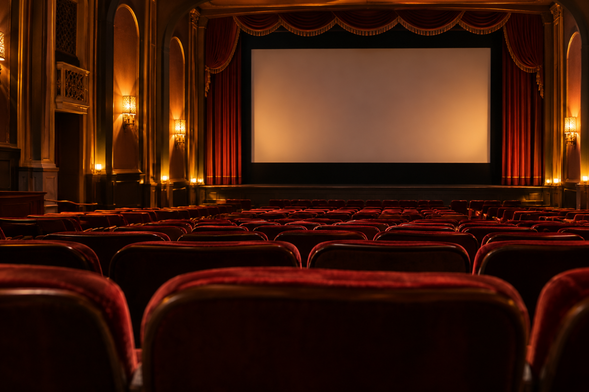 Warmly lit empty movie theater with rows of red velvet seats facing a blank screen.