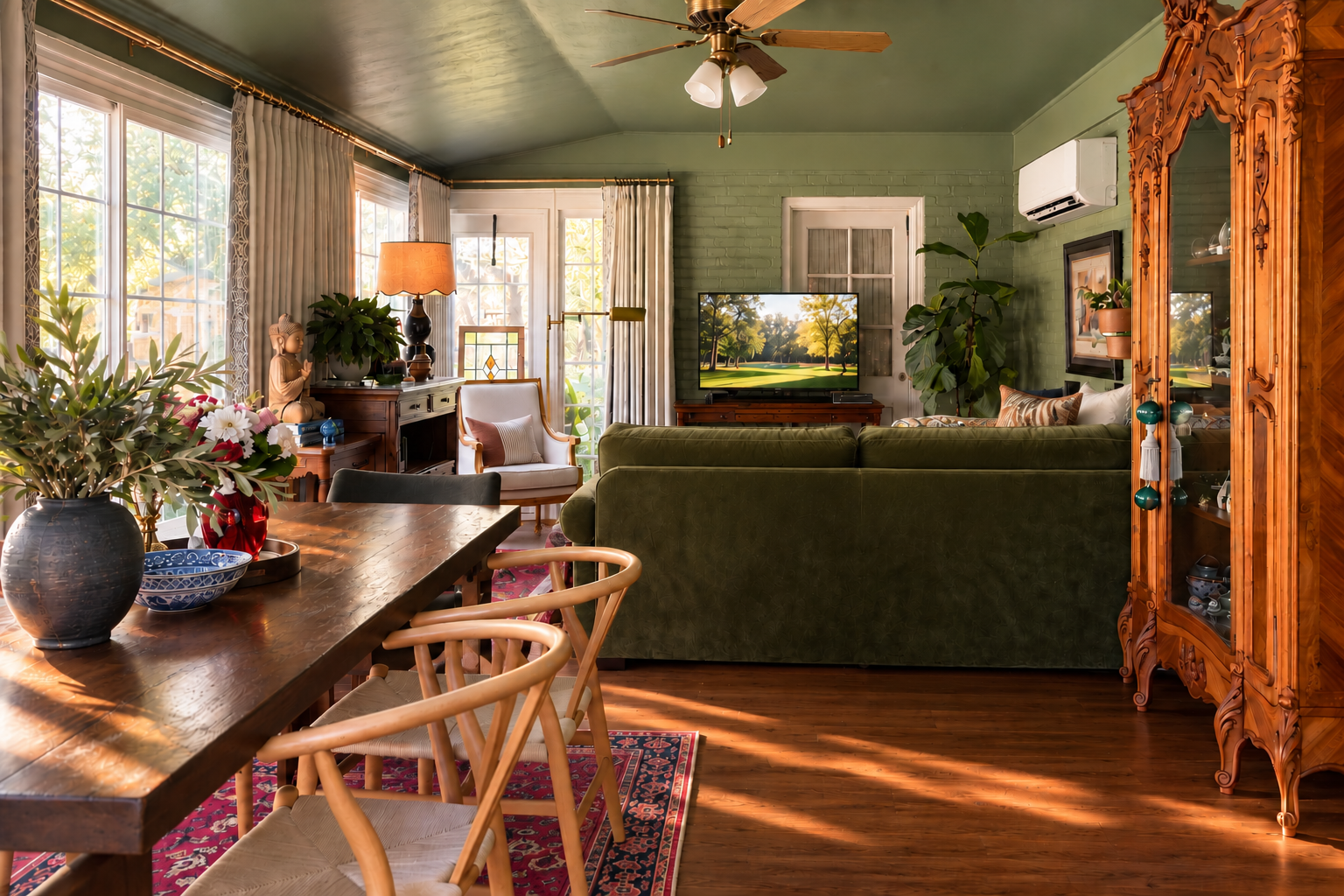 Sunlit green sunroom with a green sofa, dining table, plants and collected furnishings.